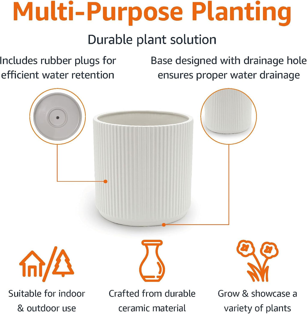 Amazon Basics Fluted Ceramic Planter Pot for Indoor Outdoor Plants, Round Flower Pot with Drainage Hole, 10-inch, White