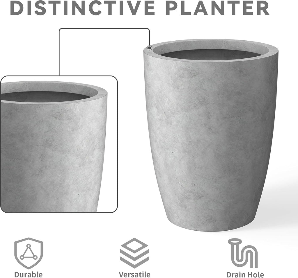 Kante Small Round Tapered Pale Gray Concrete Planter 18.1" Tall, Outdoor | Rubber Plug for Indoor, Drainage for Garden
