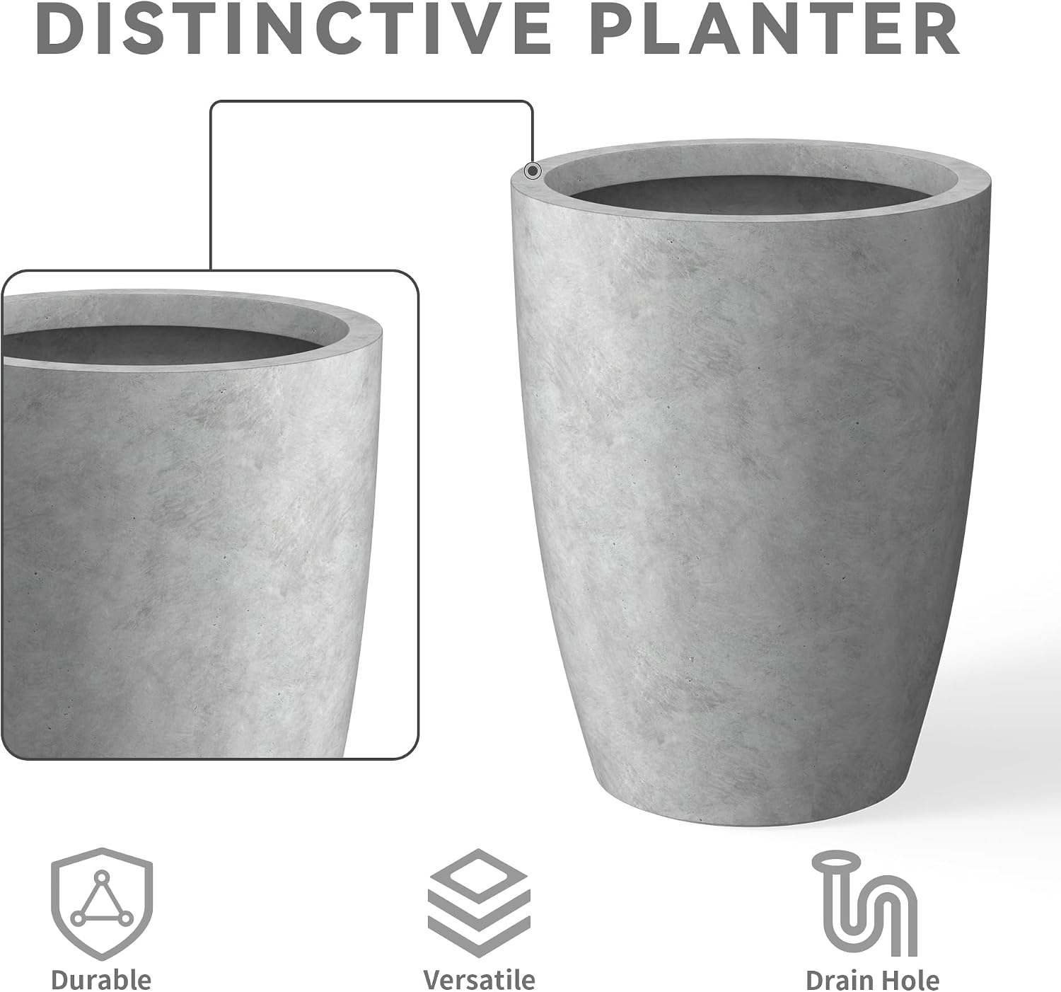 Kante Small Round Tapered Pale Gray Concrete Planter 18.1" Tall, Outdoor | Rubber Plug for Indoor, Drainage for Garden