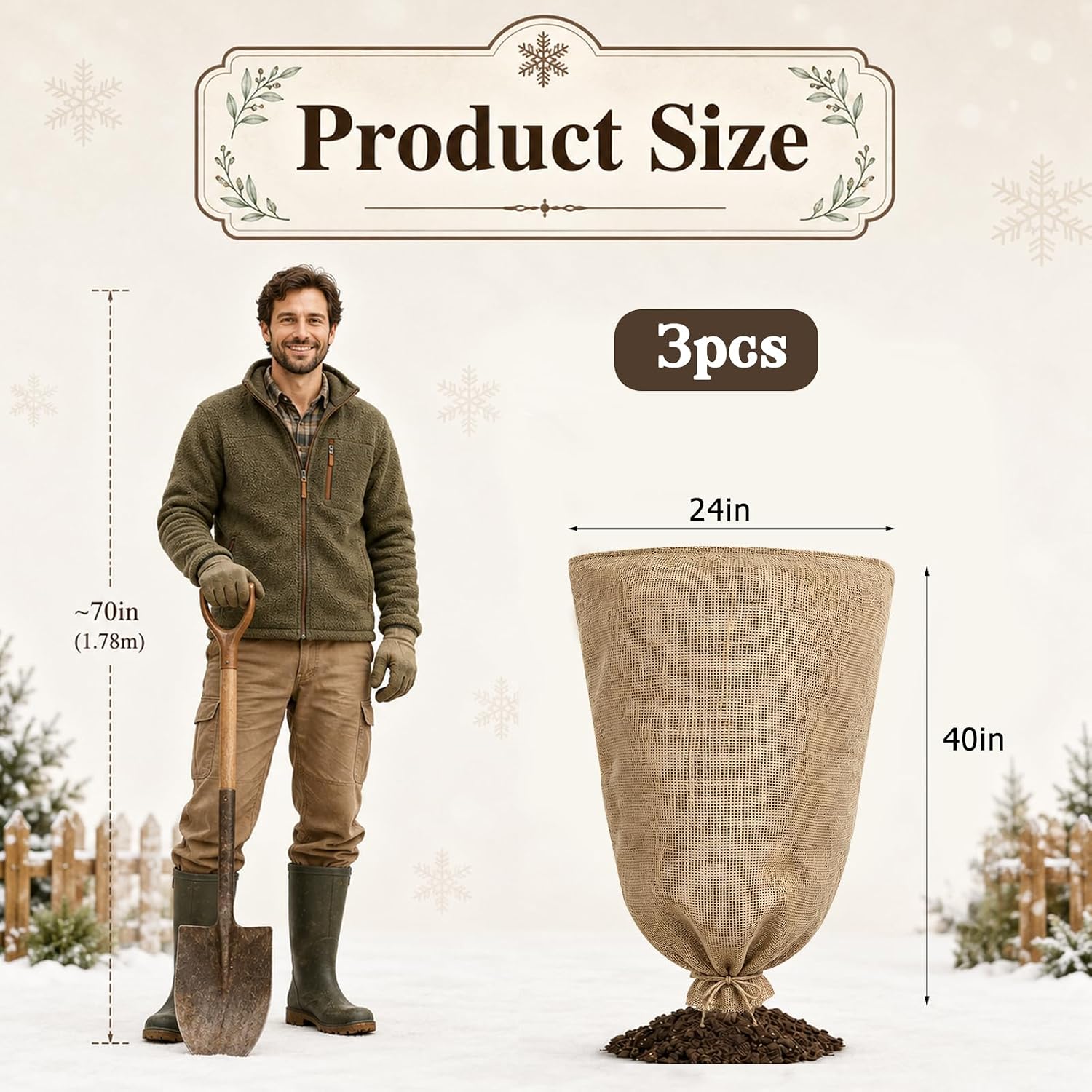 3 Pack 24'' x 40'' Reusable Warm Burlap Winter Plant Cover Bags with Drawstring Burlap Plant Covers Freeze Protection