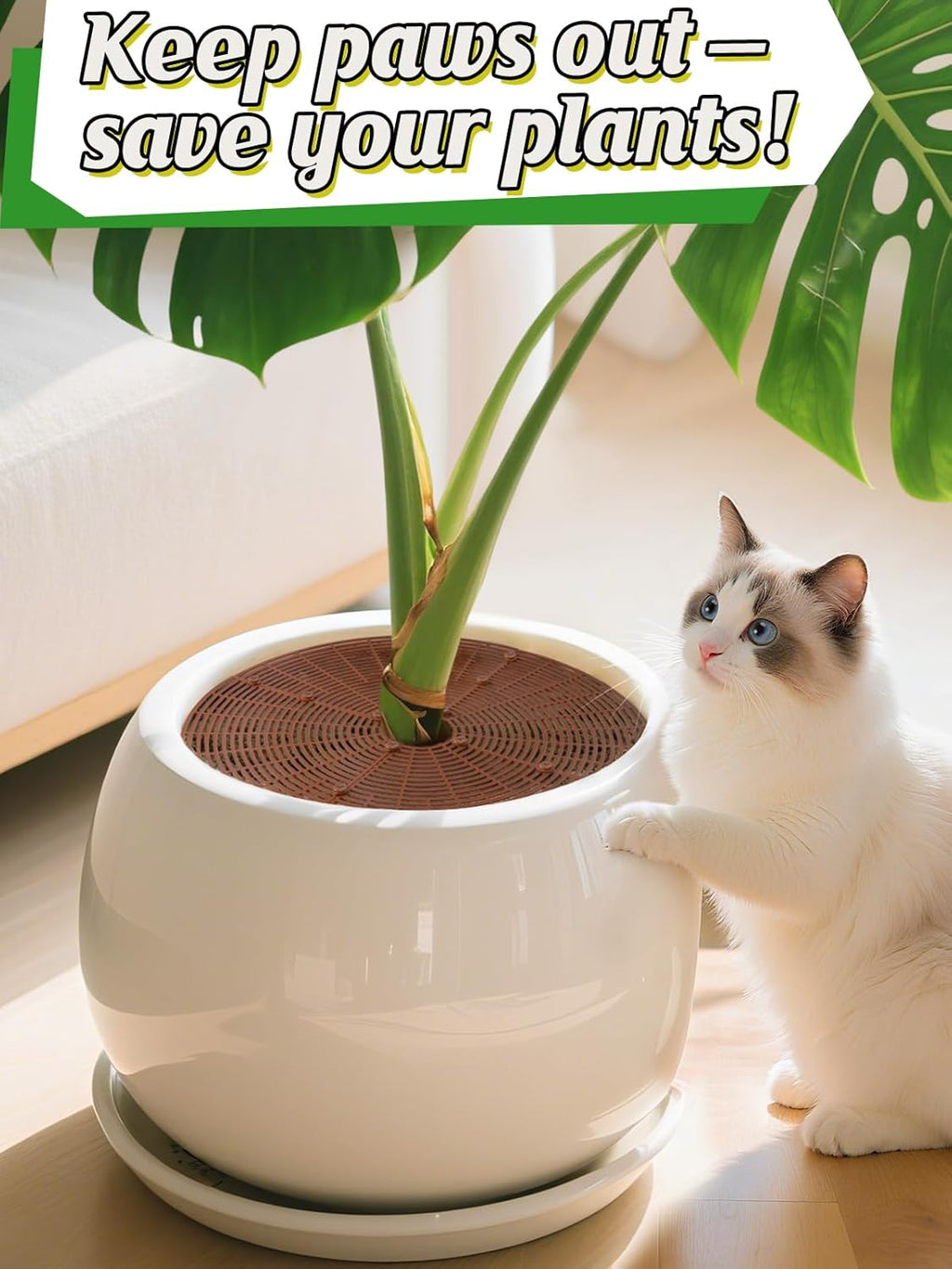 ANPHSIN 3 Plant Pot Grid Cover Protectors from Animals, 20.8" Dia | Cuttable Flower Pot Soil Cover with 36 Stakes, Keep