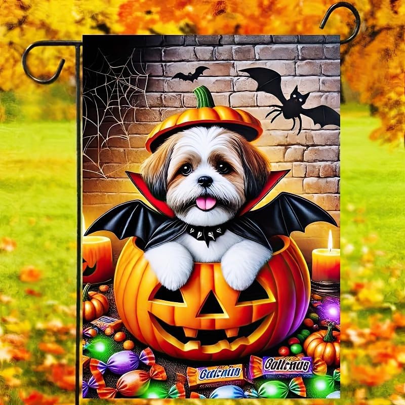 BlissYard Garden Flag Dog Pumpkin Witch Hat 12x18 Inch Polyester