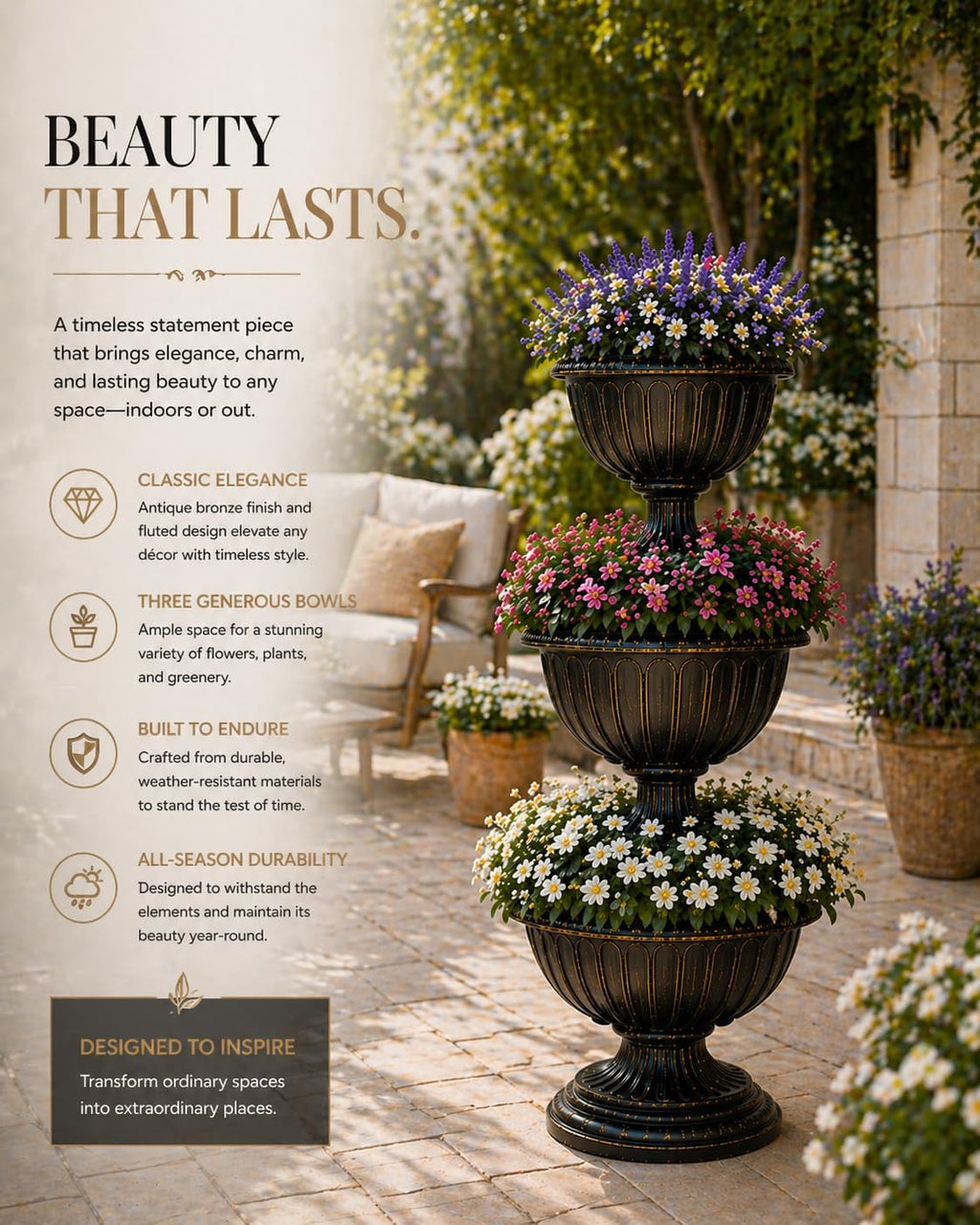 Outdoor Garden Triple Stacked Flower Bowl Urn Tier Planter Decoration, Bronze