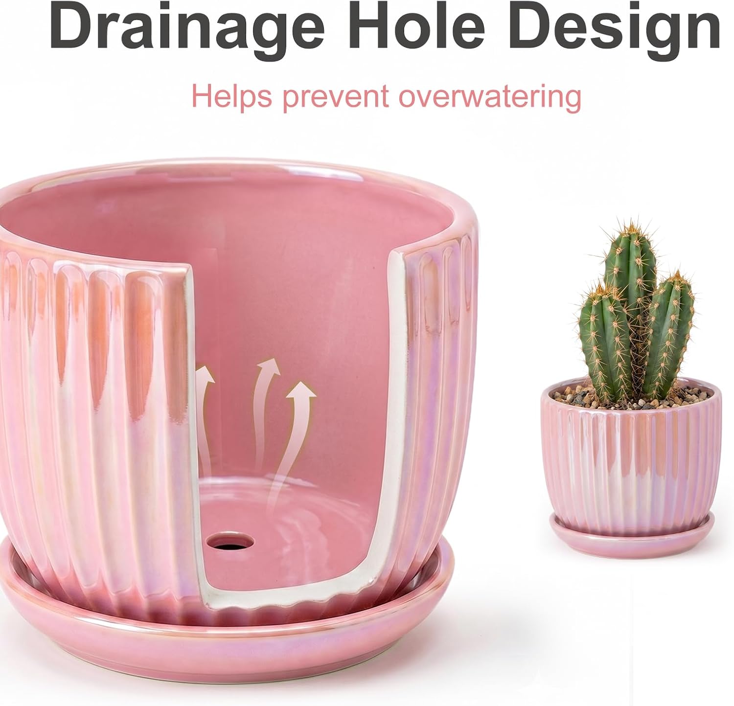 Pink Plant Pots，Ceramic Planters with Drainage Holes and Saucers Set of 3 | Ceramic Planters for Indoor Plants | Cute