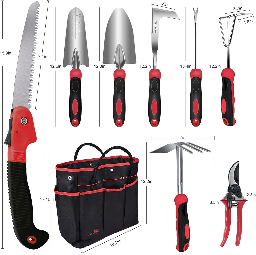 Red Gardening Tools, WisaKey 9 Piece Stainless Steel Heavy Duty Garden Tools with Non-Slip Ergonomic Handle, Garden