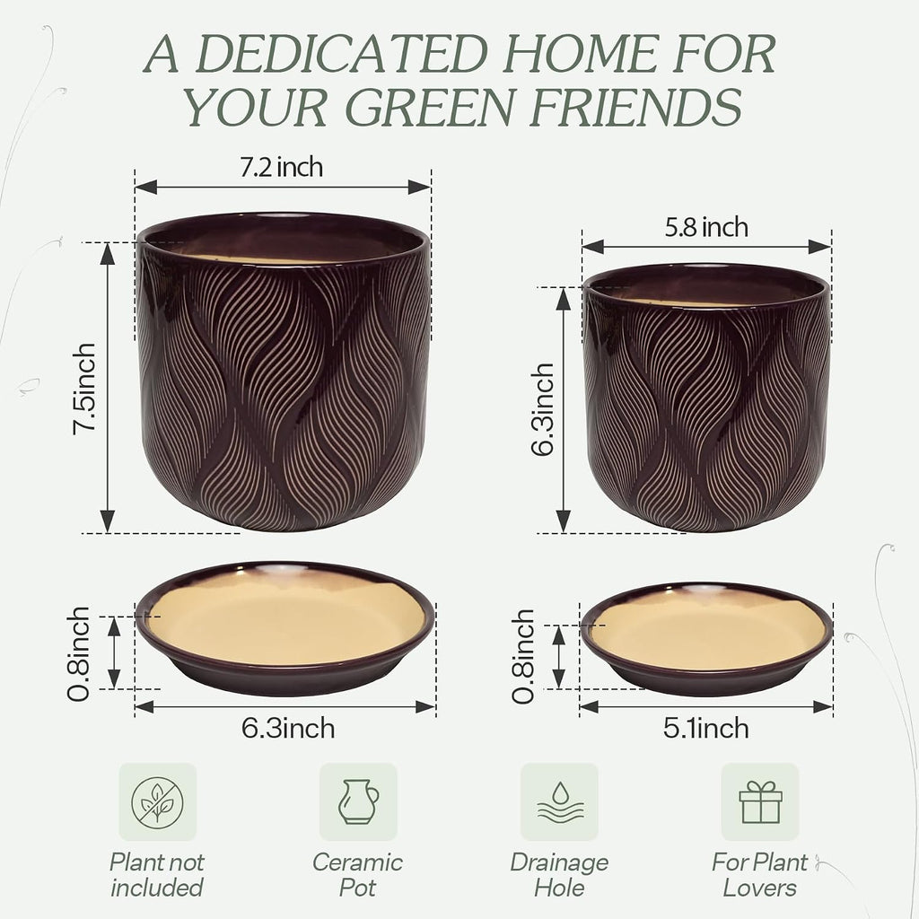 Ceramic Glaze Plant Pot Set 7.2+5.8 Inch Planter with Drainage Hole,Mesh Net,Saucer,for Indoor Outdoor (Leaf-Dark
