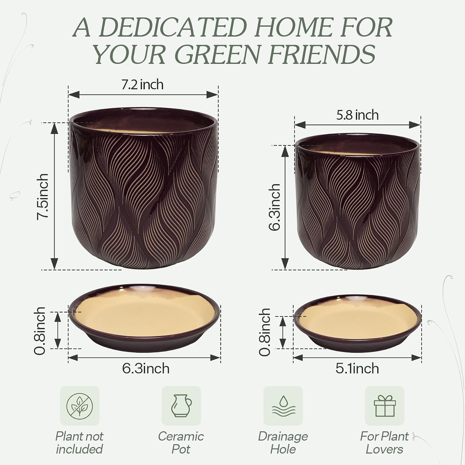 Ceramic Glaze Plant Pot Set 7.2+5.8 Inch Planter with Drainage Hole,Mesh Net,Saucer,for Indoor Outdoor (Leaf-Dark