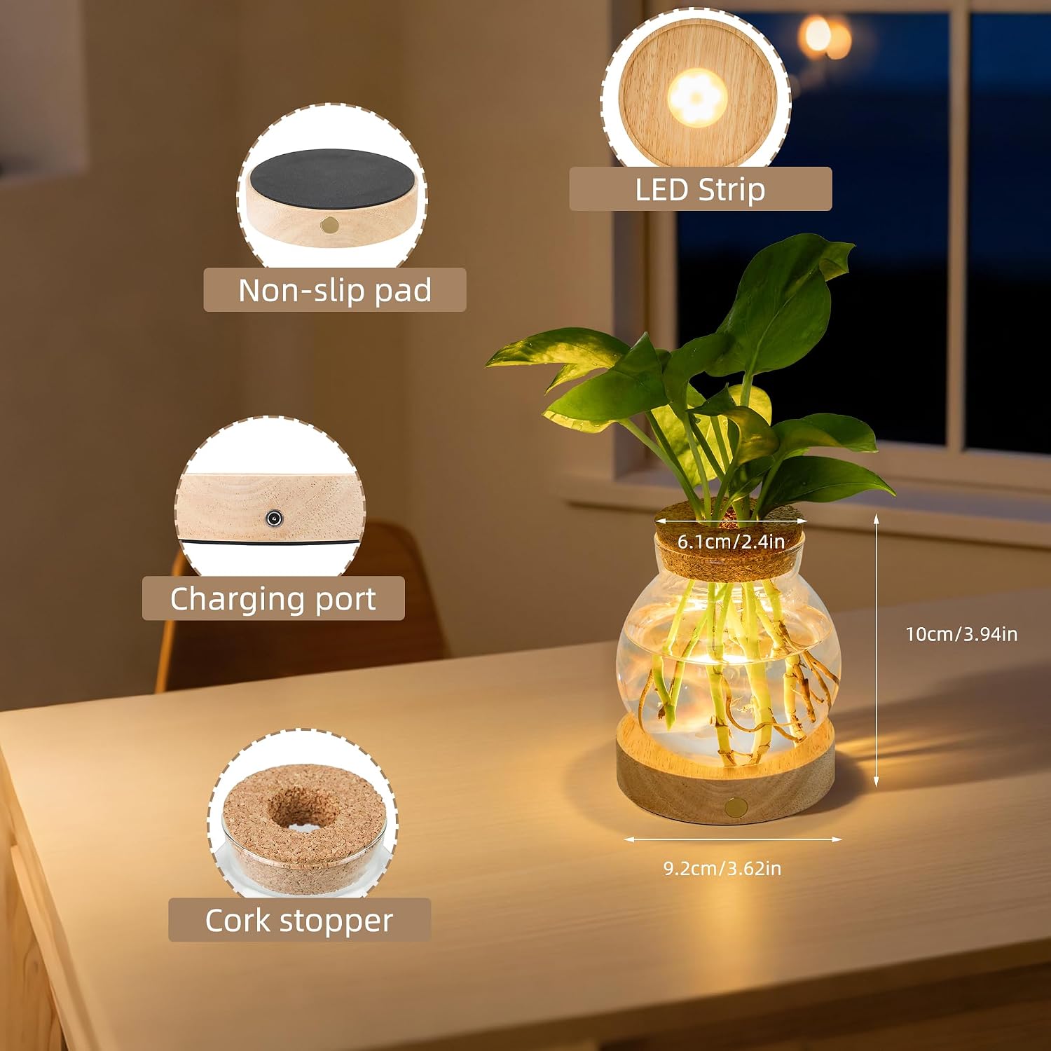 Plant Propagation Station with Wooden Saucer, Glass Terrarium with Stepless Dimming Function Hydroponic Glass Container