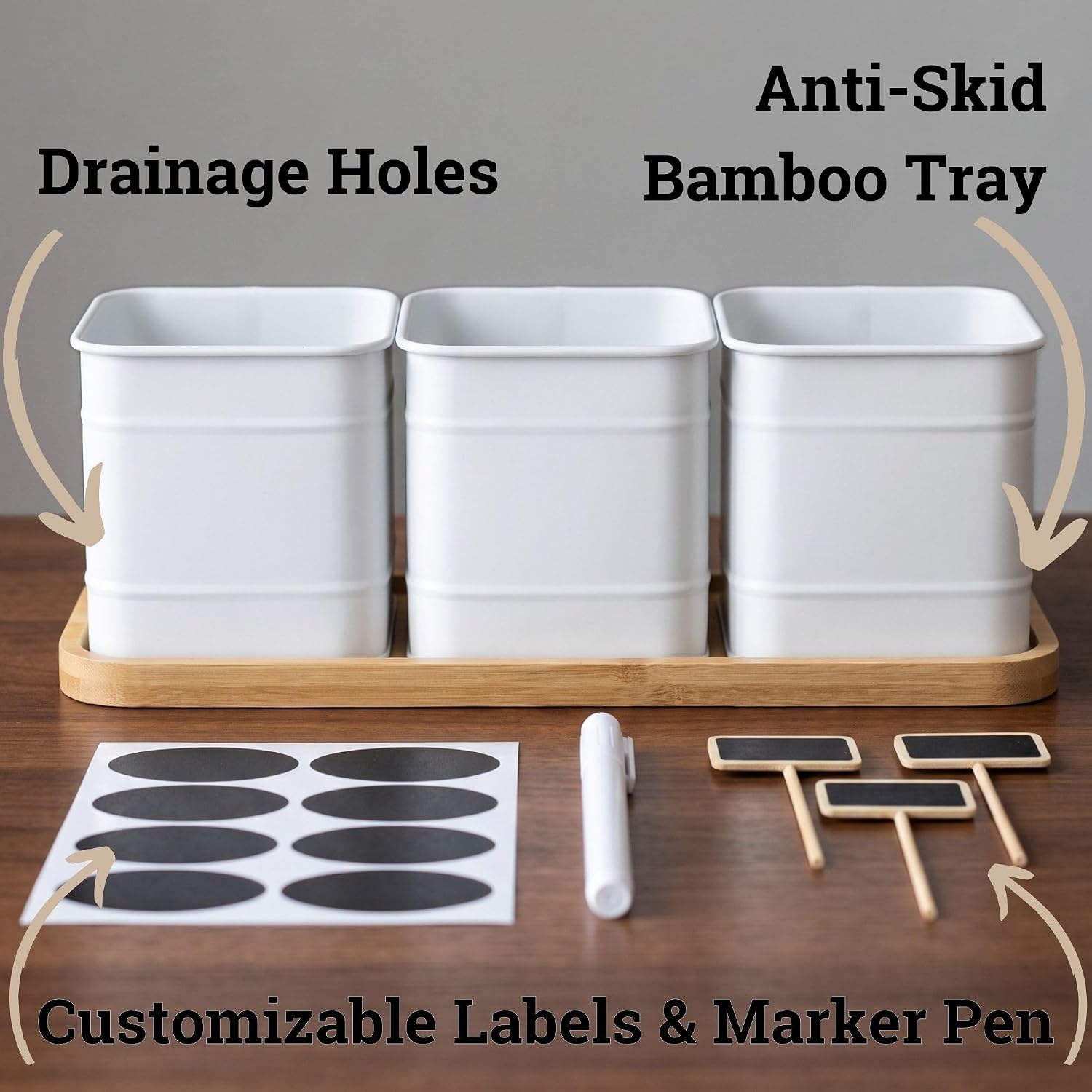Herb Planter Indoor, 3-pc Herb Pots w/ Drainage Holes, Bamboo Tray & Labels | Iron Herb Pots, Varnished Bamboo Tray
