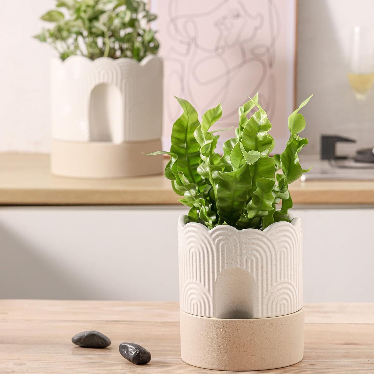 Nihow Ceramic Self Watering Pots for Indoor Plants, 6 Inch,Beige | Visible Water Level Fill Port,Planter with Cotton