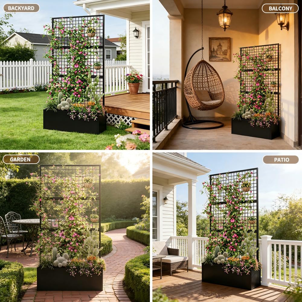 Privacy Planters for Patio – Metal Raised Garden Bed with Trellis and Privacy Screen, 71" x 35" x 16" Planter Box with