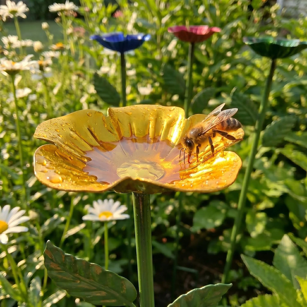 Bee Watering Station for Garden,Metal Bee Bath with Flower Design,Colorful Pollinator Watering Station,4-Pack