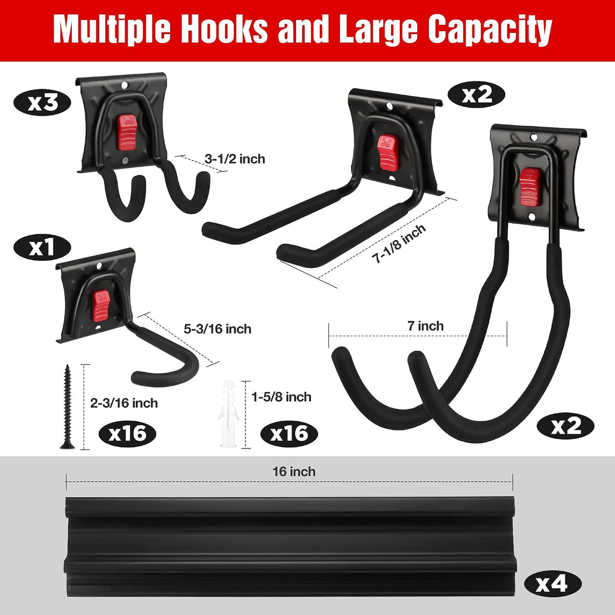 WORKPRO 64" Garage Tool Organizer Wall Mount with 8 Adjustable Hooks | Garage Organization, Garden Tool Rack System, 4