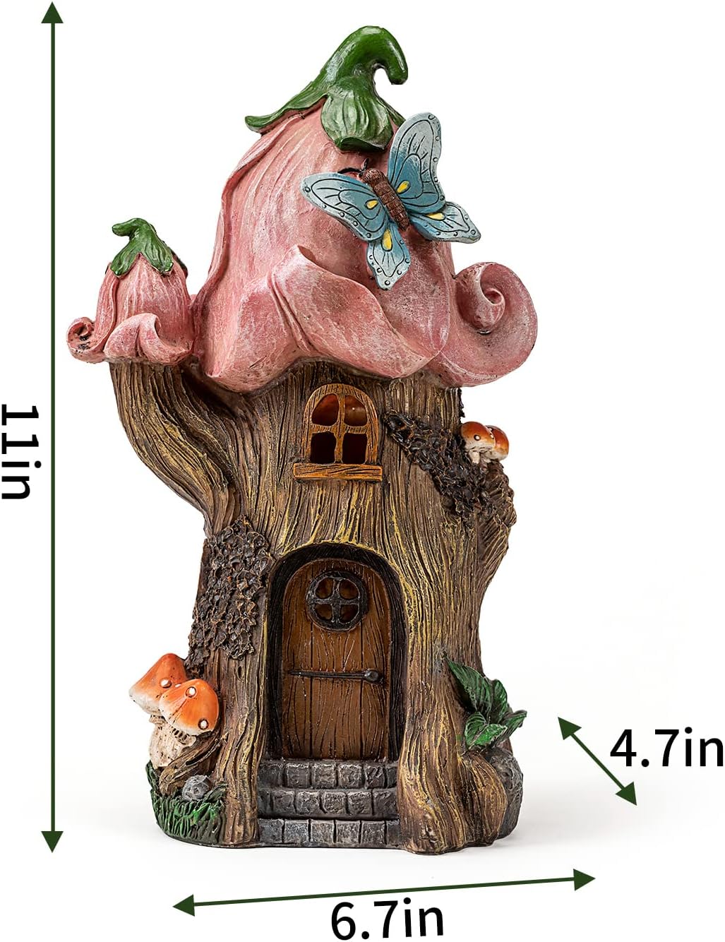 Fairy Garden Accessories Outdoor Statues, Mushroom House Decor,Large Gnome Solar Powered Lights Sculptures,Pink Resin