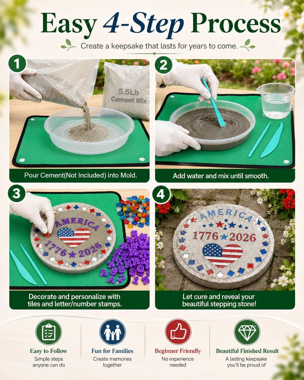 Spocwd 3 Sets 10in Stepping Stones Kit for Kids - Includes Concrete Molds, Mosaic Tiles, Letter Number Stamps & Carving