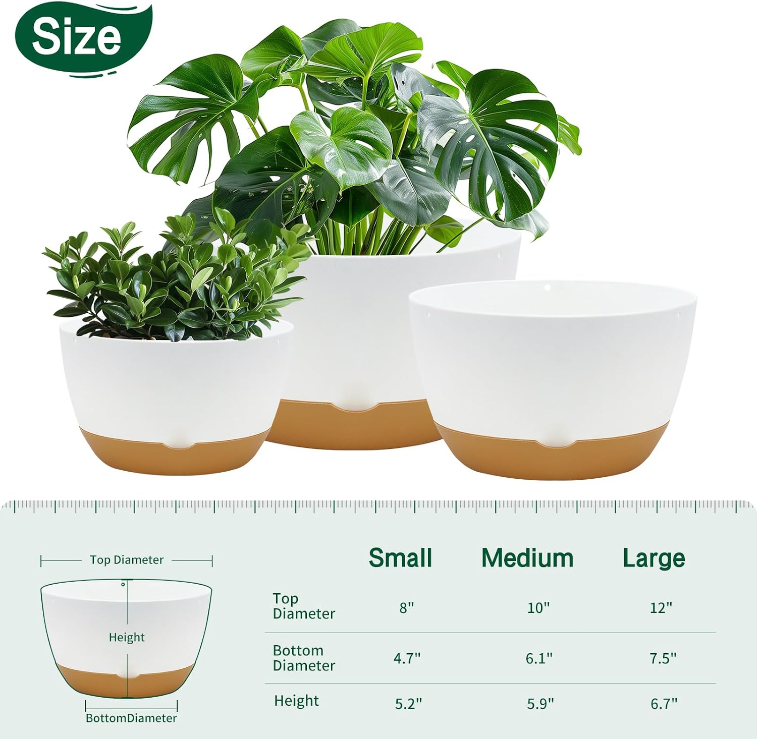 Koalaime 8/10/12 Inch Pots for Indoor Plants, Large Self Watering Planters with Drainage and Saucers, Plastic Outdoor