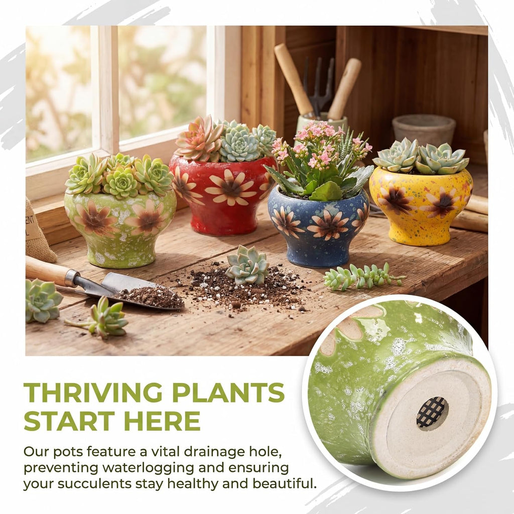 4 Inch Small Succulent Planters, Set of 4 | Hand Crafted Ceramic Plant Pots with Drainage, Colorful Decorative Flower