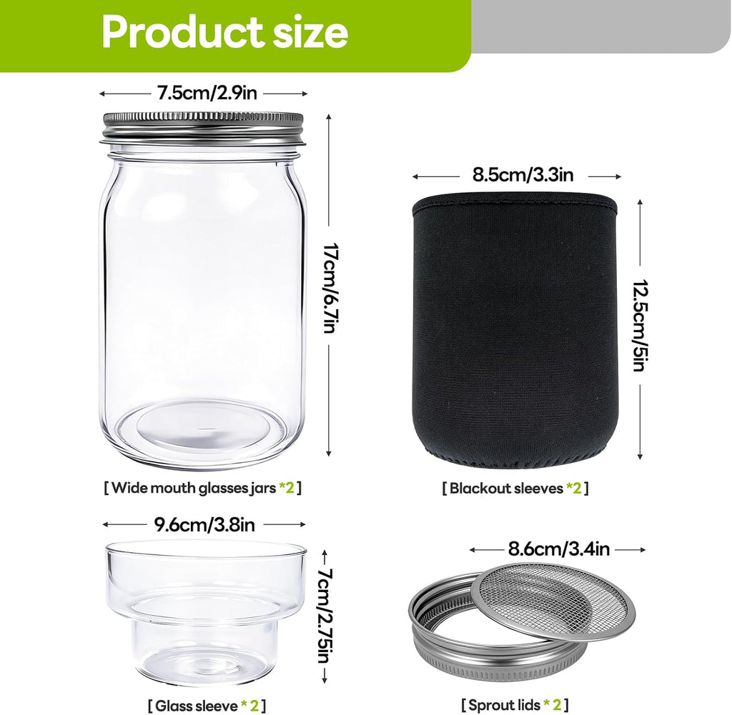 1000ml Sprouting Kit - 2 Sprouting Jar Kits, Wide Mouth Quart Mason Jars with Sprout Lids, Blackout Sleeves, Drain