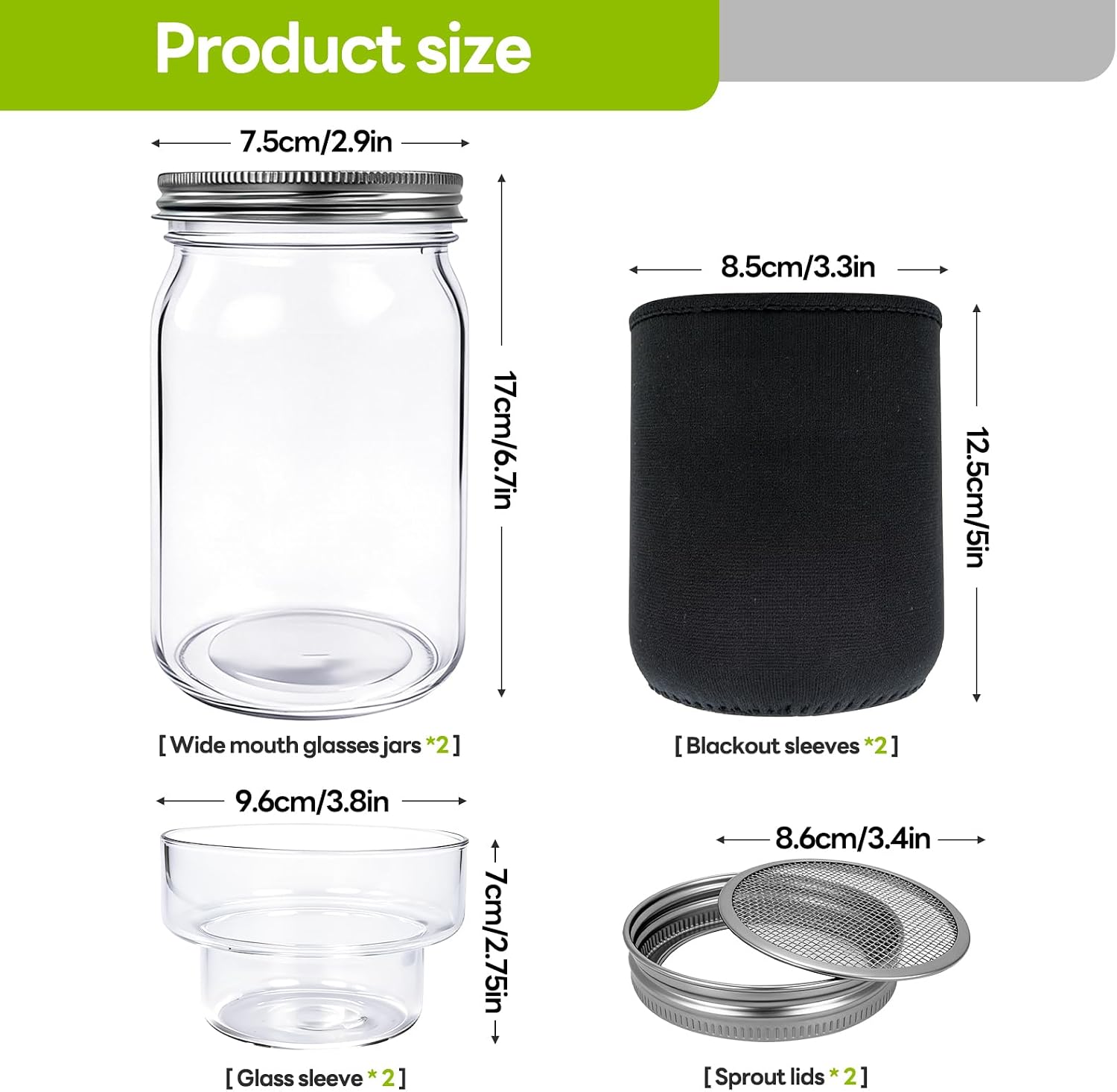 1000ml Sprouting Kit - 2 Sprouting Jar Kits, Wide Mouth Quart Mason Jars with Sprout Lids, Blackout Sleeves, Drain