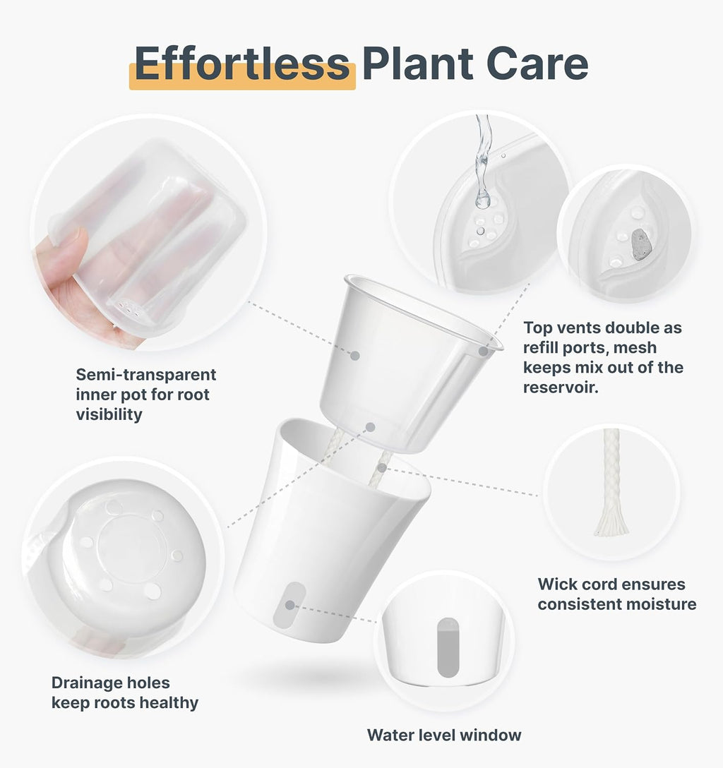 8 Pack 4" Self Watering Pots for Indoor Plants, Clear Inner Cup, Small White Plastic Planters, Water Level Indicator