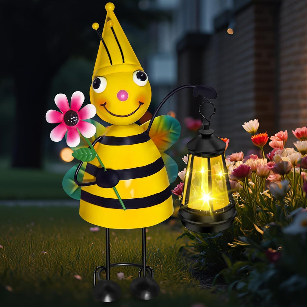 Solar Metal Bee Garden Statue with Lantern, Outdoor Garden Decor Figurine | Hand-Painted IP65 Waterproof Metal Craft