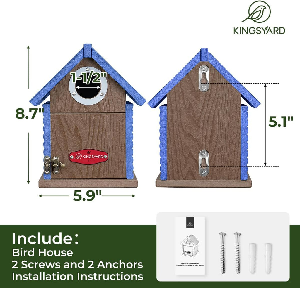 Kingsyard Recycled Plastic Bird House for Outdoors - Weatherproof Nesting Box with Clear View Panel & Predator Guard