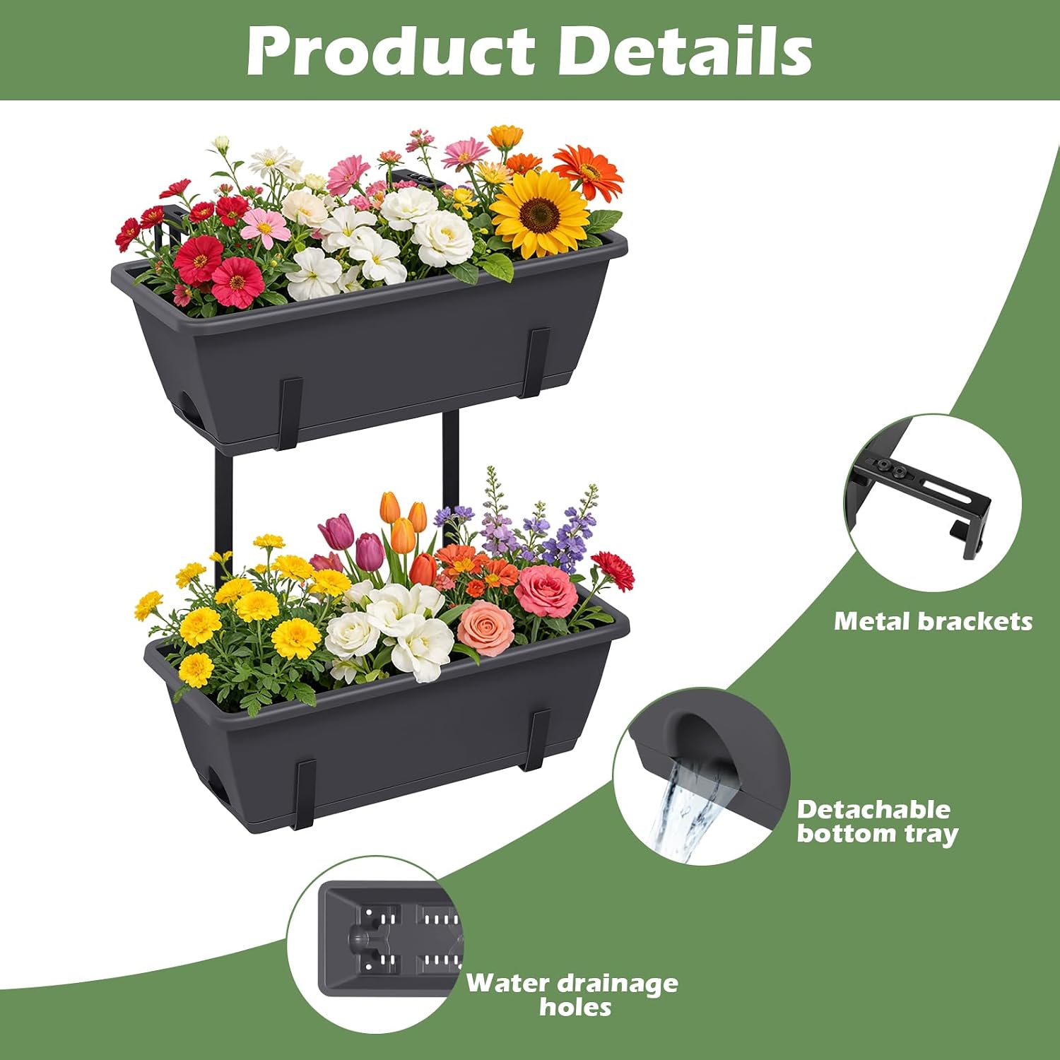 Railing Planter Box 2 Pack Rectangular Window Boxes Planters with Double Adjustable Brackets, Balcony Deck Railing