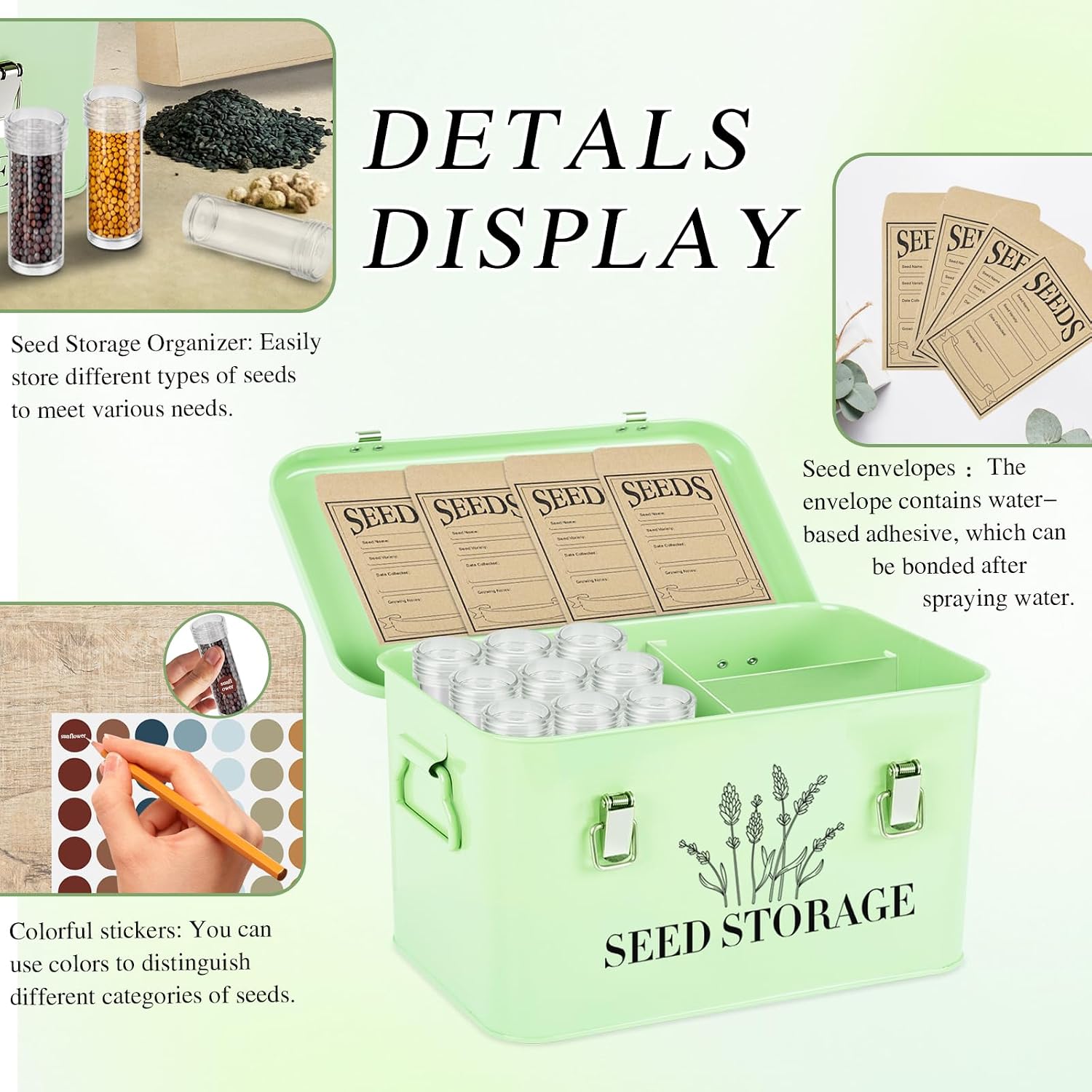 20 Slots Seed Storage Box with 3 Dividers, Metal Seed Storage Organizer Saving Box, Seeds Packet Container