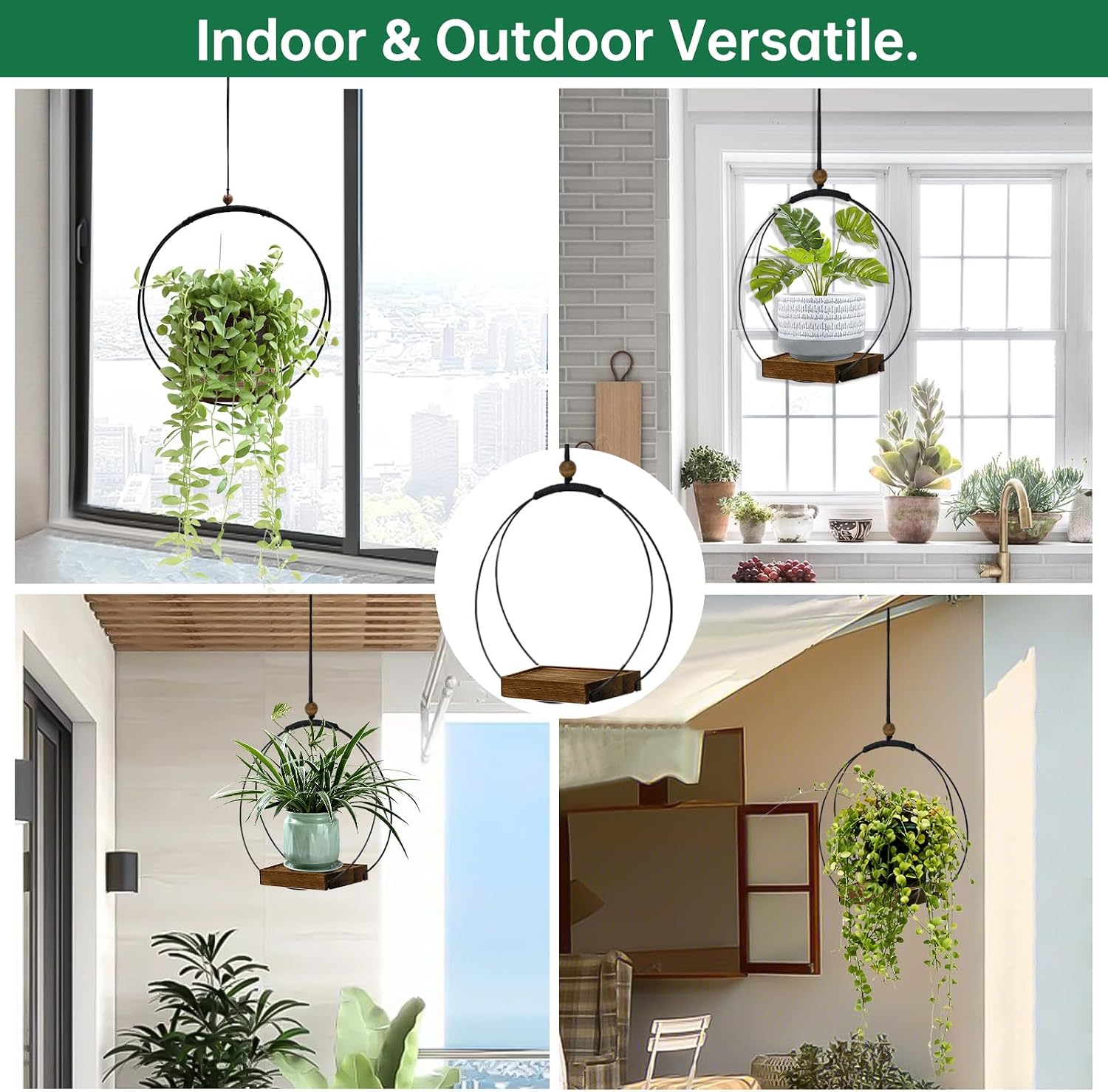 hismocal 2 Pack Hanging Planter for Indoor Plants, Black Plant Hanger with Sturdy Wood Base, Modern Boho Macrame