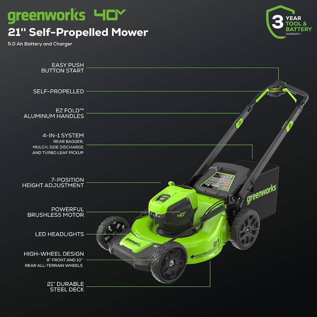 Greenworks 40V 21 in Self-Propelled Lawn Mower, 5.0 Ah Battery and Charger