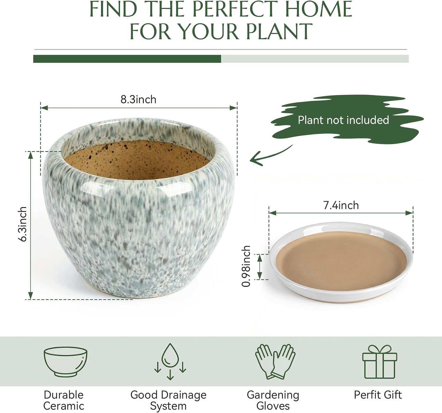 8.3 Inch Ceramic Planter with Saucer Leak-Proof Mesh &Drainage, Round Plant Pot with Gardening Gloves for Indoor