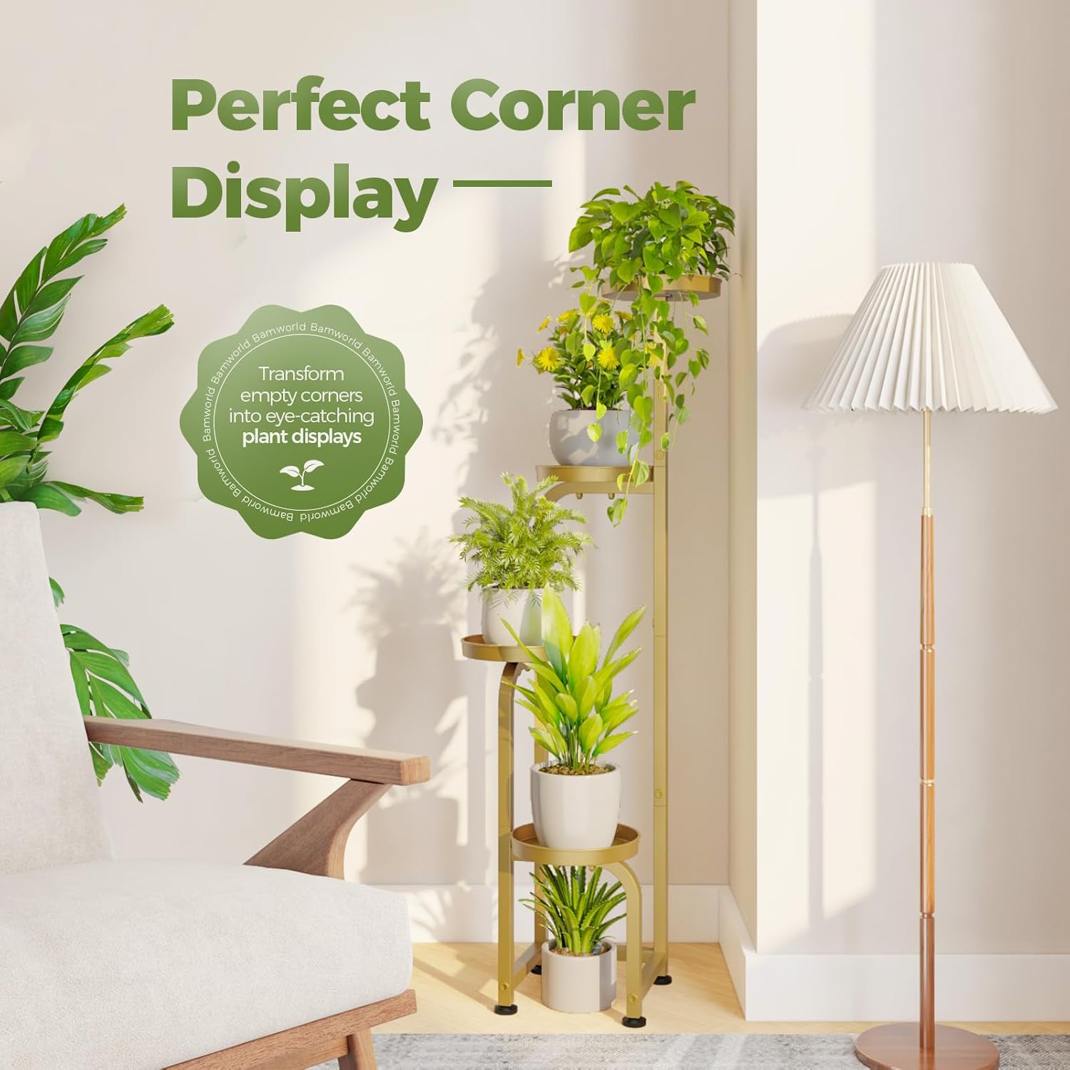 Bamworld Corner Plant Stand Indoor Outdoor Tall Metal Flower Pot Stands | 4 Tier Gold Heavy Duty Plant Shelf for Patio