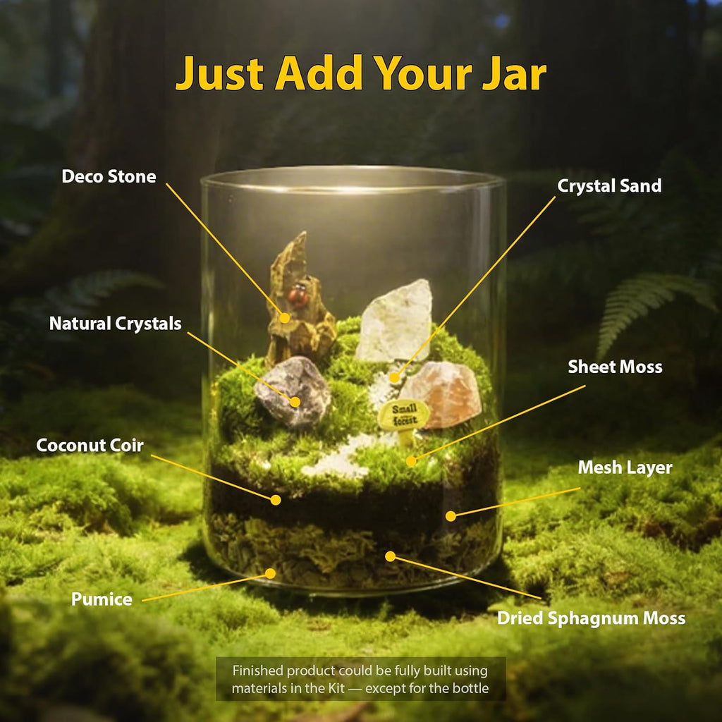 DIY Crystal Terrarium Kit - 21-Pieces All-In-One Starter Kit with Preserved Moss, Pumice, Crystals, Coconut Coir, Tools