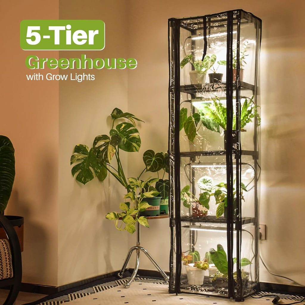 Indoor Greenhouse with Grow Lights, 11.8x15.7x59 | 5000K Full Spectrum, Mini Cabinet, 4 Pack Grow Lights (36W), Auto