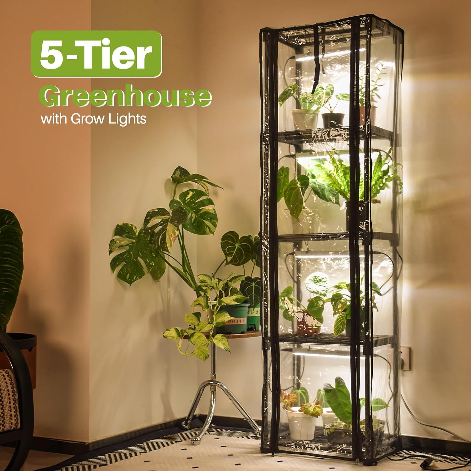 Indoor Greenhouse with Grow Lights, 11.8x15.7x59 | 5000K Full Spectrum, Mini Cabinet, 4 Pack Grow Lights (36W), Auto