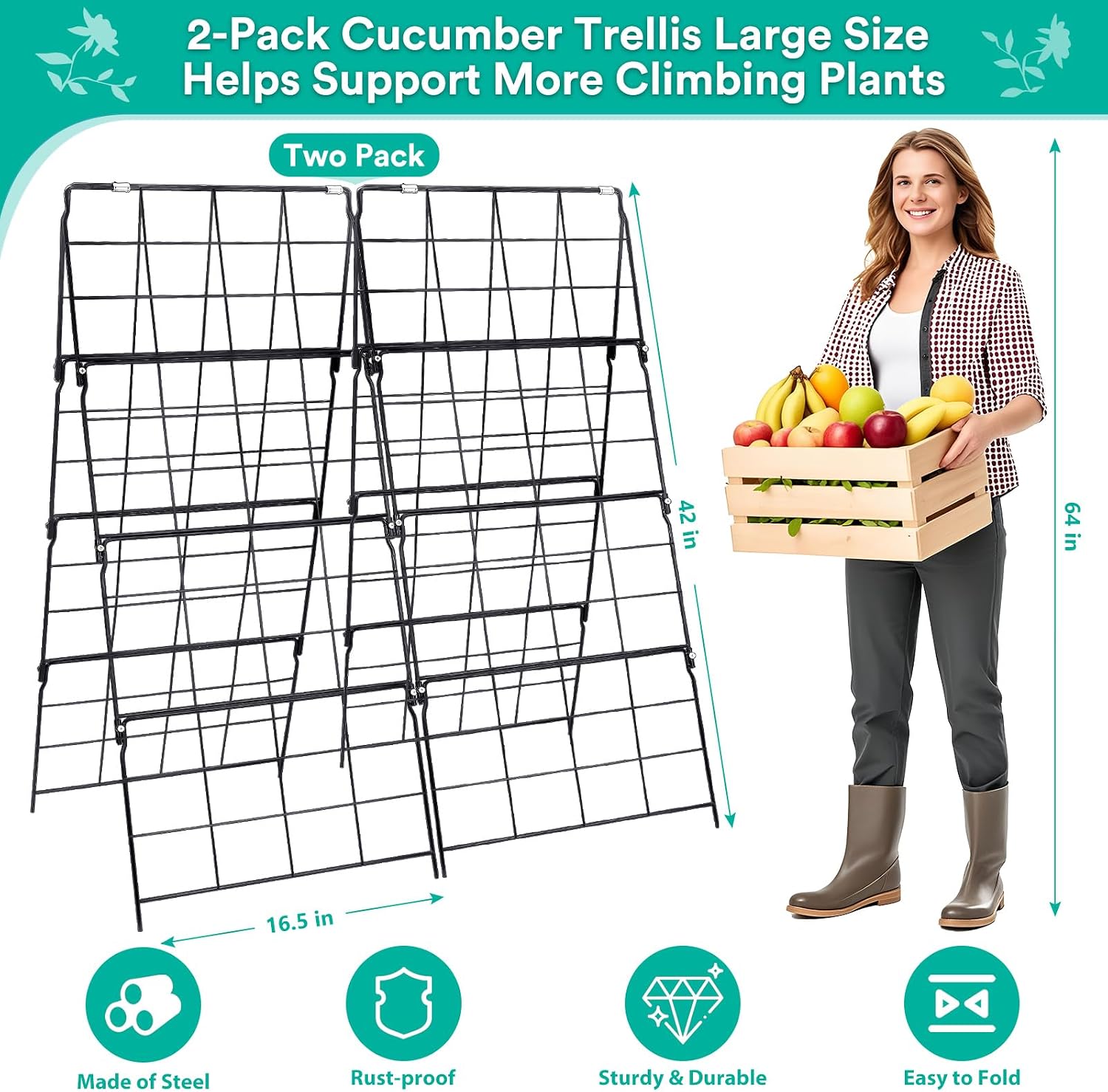 2Packs 17 x 42 Inch Garden Trellis for Raised Beds Foldable Climbing Plant Support Cucumber Trellis Outdoor A-Frame
