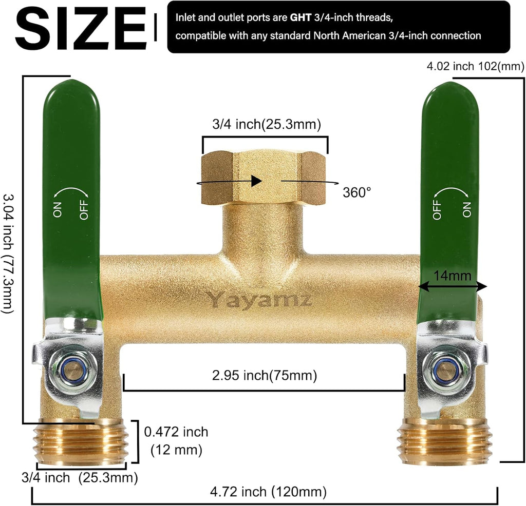 2 Way Garden Hose Splitter, 3/4" GHT Outdoor Water Spigot Splitter | Heavy Duty Solid Brass Body with Shutoff Valves &