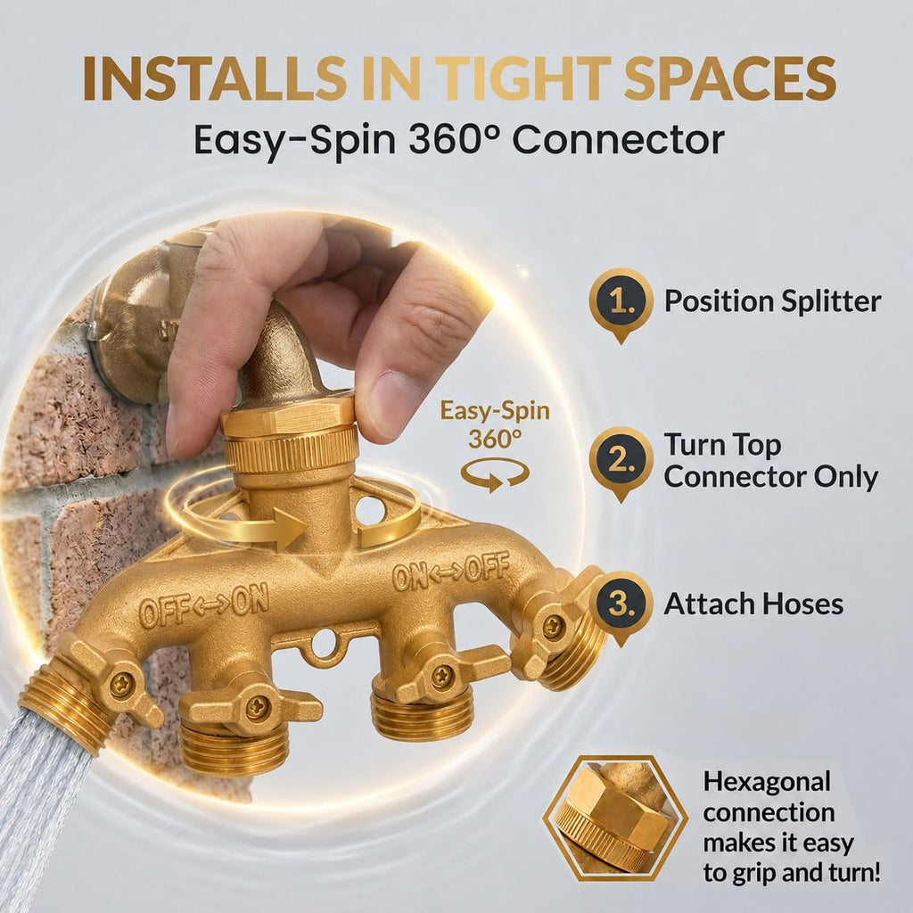 Brass 4-Way Splitter LEAD-FREE, Heavy-Duty Garden Hose Manifold Connector with Improved Comfort Grip ON/OFF Valves