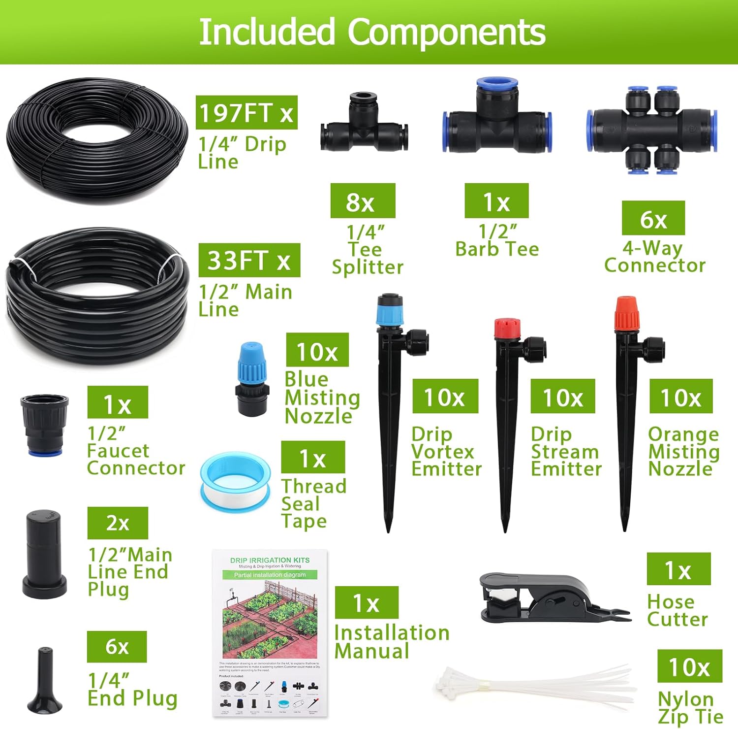 230FT Quick-Connect Drip Irrigation System Kit - 33FT 1/2" Main Tube & 197FT 1/4" Drip Line, Automatic Garden Watering