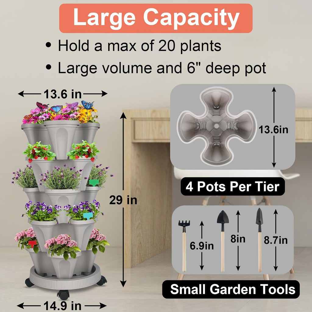 DUNCHATY Stackable Planter, Vertical Garden Planter with Wheels and Tools, Self Watering Strawberry Planter