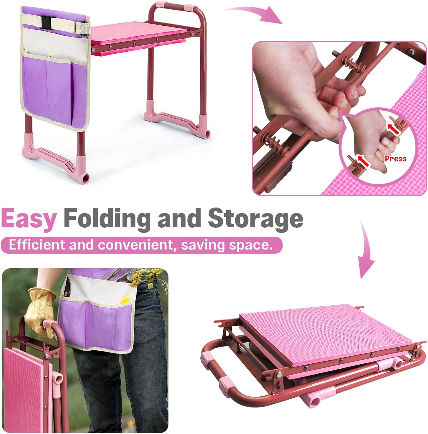 Garden Kneeler and Seat Heavy Duty, Foldable Gardening Stool Bench | With Widened Thick Soft Kneeling Pad & Tool