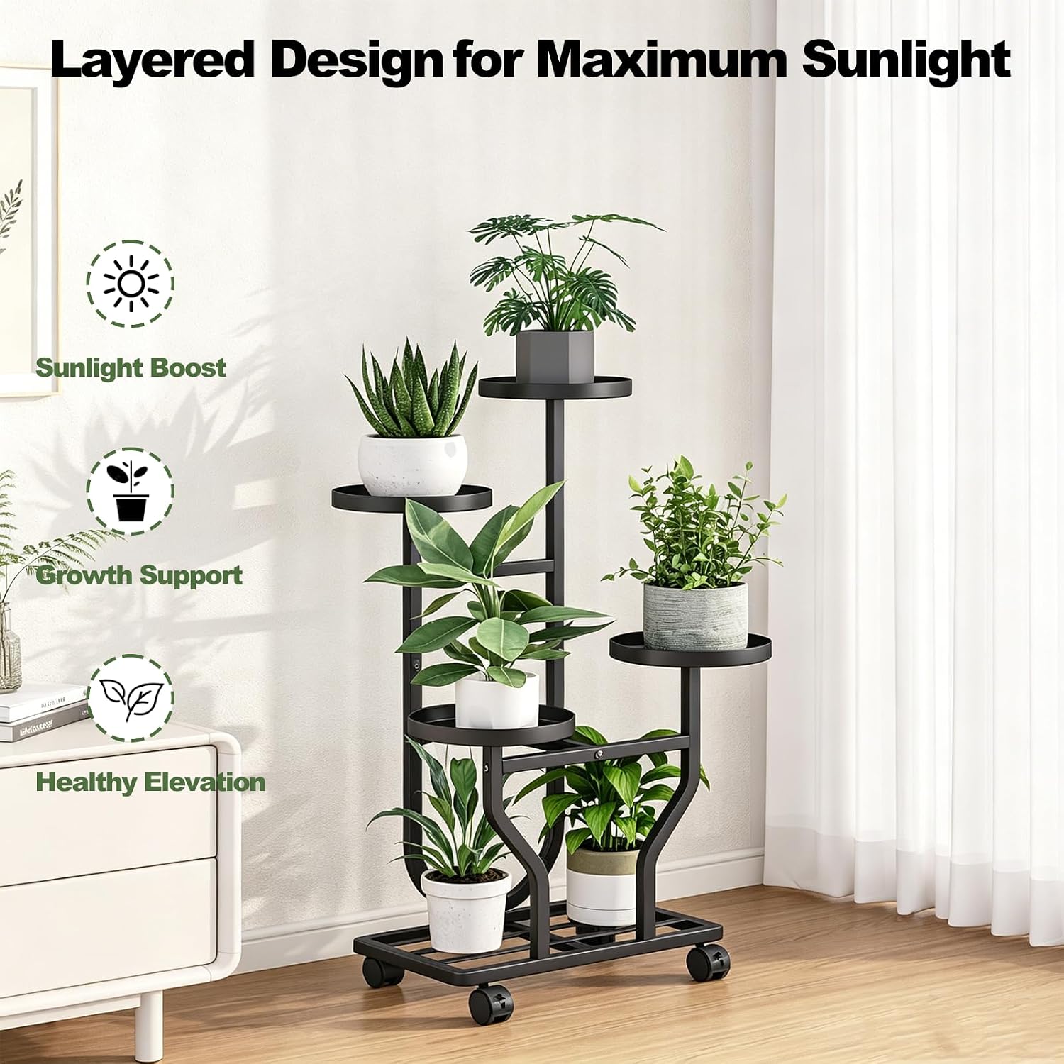 Plant Stand with Wheels, Black 4 Tier Metal Plant Shelf for Indoor Outdoor | Corner Plants Stand Indoor for Bedroom