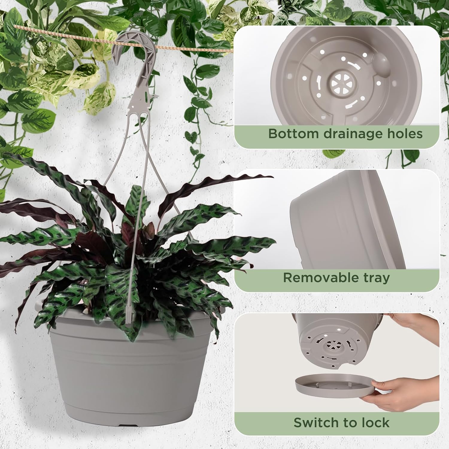 4 Pcs Hanging Planters,10" Hanging Pots Plastic Hanging Flower Plant Basket with Drainage Trays & Chain Holder for