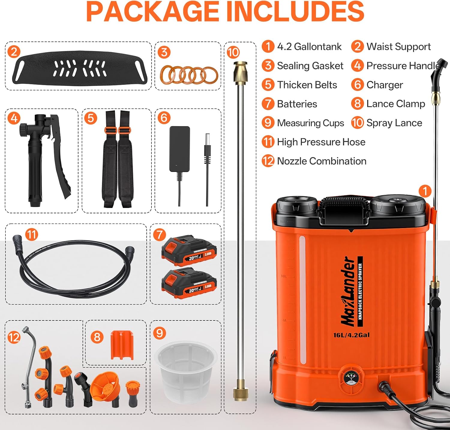 Maxlander 4.2 Gal Battery Powered Backpack Sprayer with 2 x 2.0Ah Battery | 90 Psi Adjustable Pressure, 6 Spray