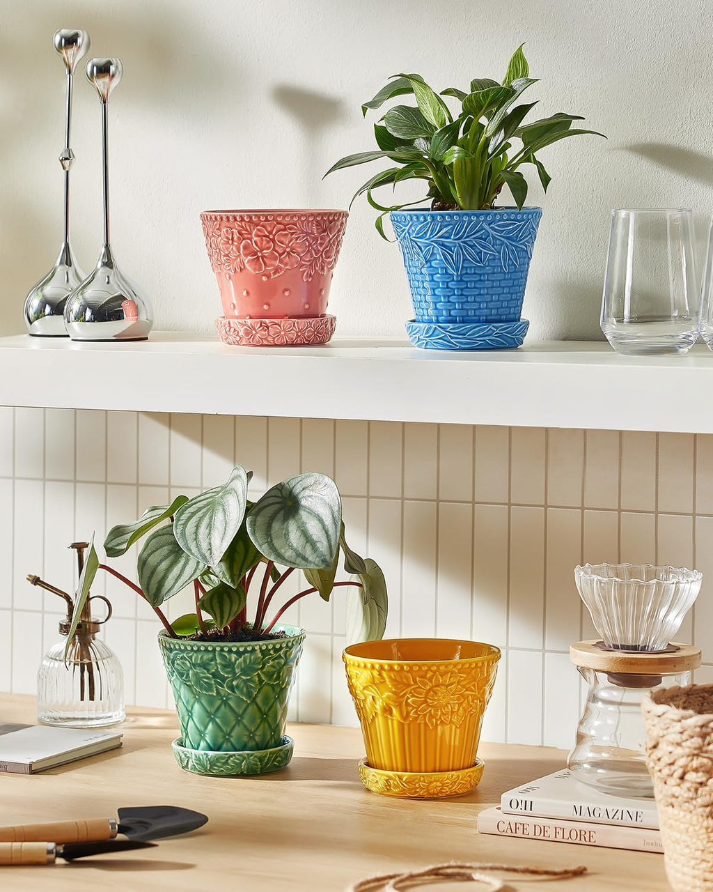 Metahom Ceramic Plant Pots, 4.9 Inch Flower Pots with Drainage Hole & Saucer, Colorful Planter Pots for Indoor Plants