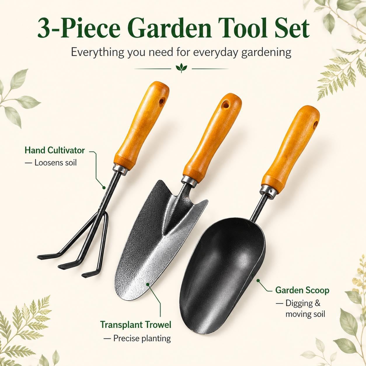 3-in-1 Heavy Duty Gardening Tools Kit, Premium Carbon Steel Garden Hand Tools with Ergonomic Wooden Handle Includes