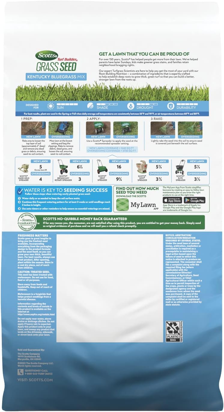 Scotts Turf Builder Grass Seed Kentucky Bluegrass Mix, 5.6 lbs. | Grass Seed Plus Lawn Fertilizer and Soil Improver