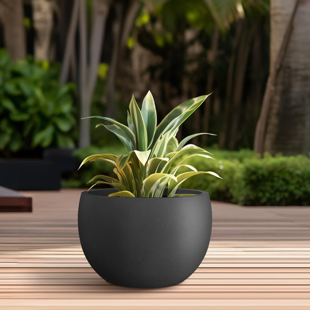 Kante Accent Round Bowl Black Concrete Planter 14.8" Dia, Outdoor | Rubber Plug for Indoor, Drainage for Garden