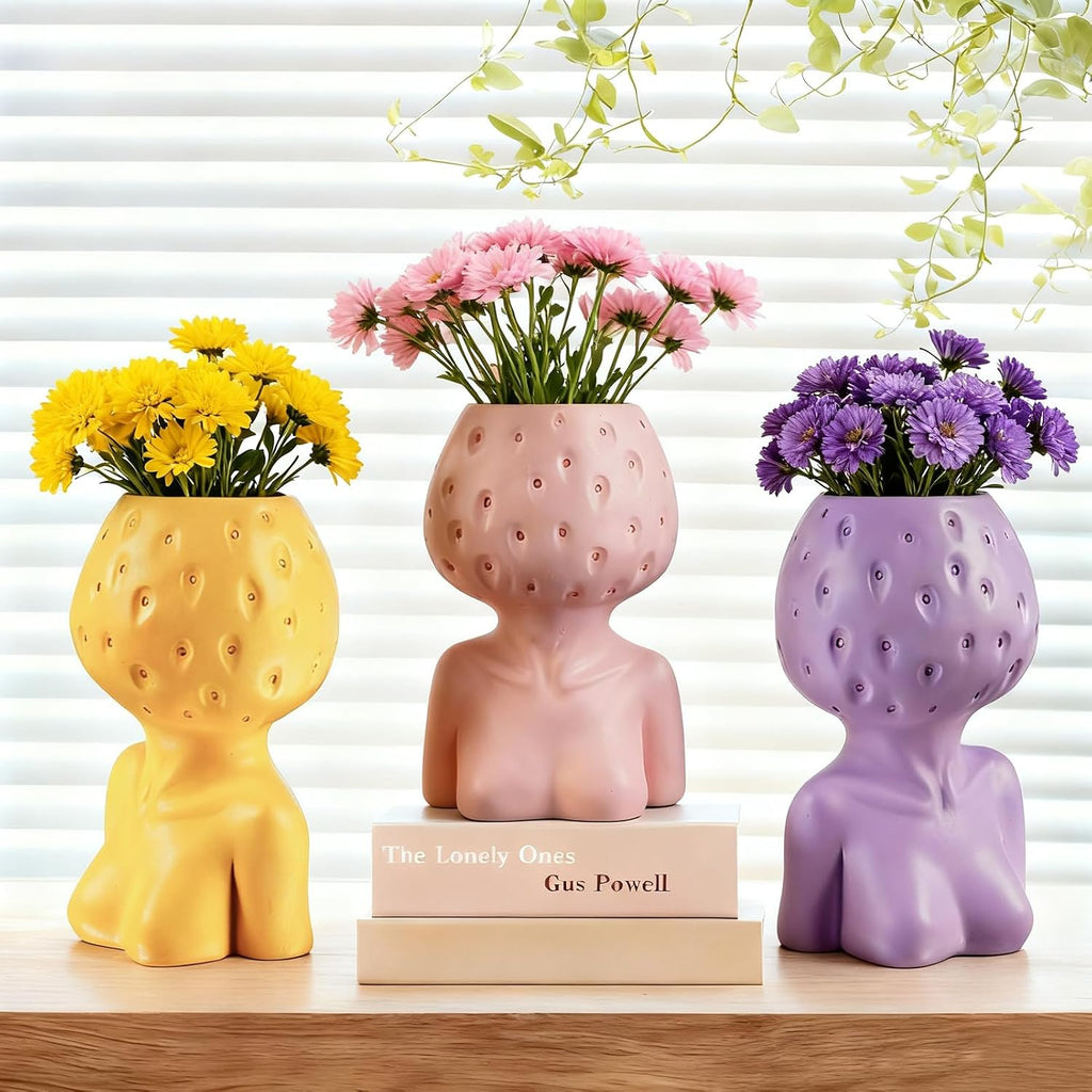 Female Body Vase, Strawberry Face Planter for Decor, Unique Cute Head Planter Pot Bust Planter with Drainage Hole