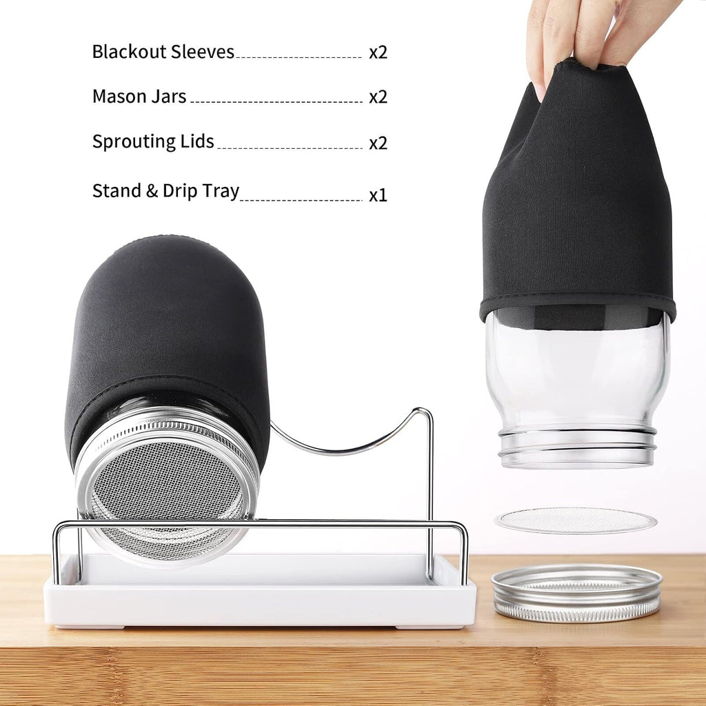 Seed Sprouting Jar Kit - 2 Wide Mouth Mason Jars with 316 Stainless Steel Sprouting Lids Covers, Drip Tray and Stand